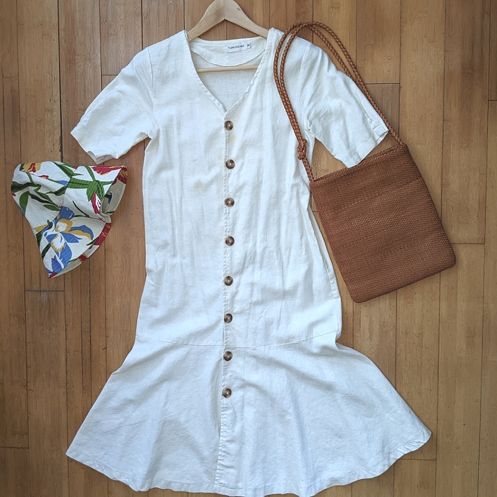 Ivory Linen Fish Tail Short-sleeved Dress